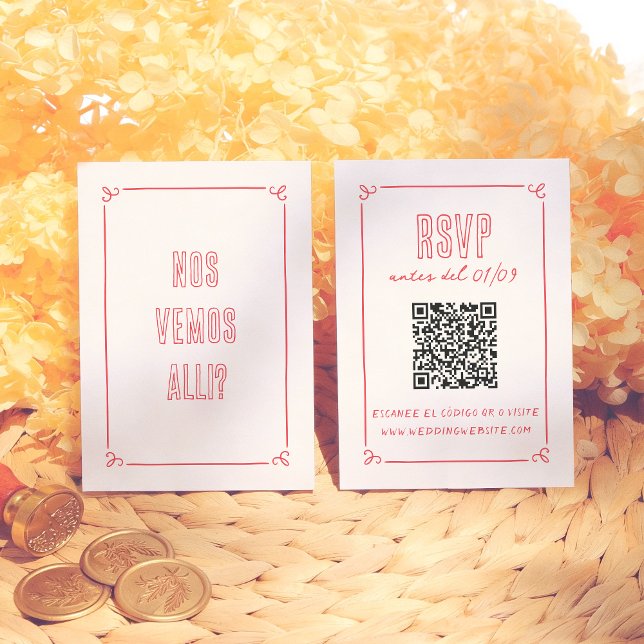 Cartão De Informações Modern Retro Hand Drawn QR Spanish Wedding RSVP (Criador carregado)