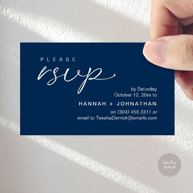 Cartão De Informações Modern Romantic Wedding Invites RSVP Reminder Card (Modern Romantic Wedding Invites RSVP Reminder Card in Navy Blue)