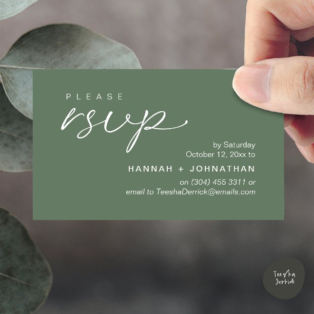 Cartão De Informações Modern Romantic Wedding Invites RSVP Reminder Card (Modern Romantic Wedding Invites RSVP Reminder Card in Sage Green)
