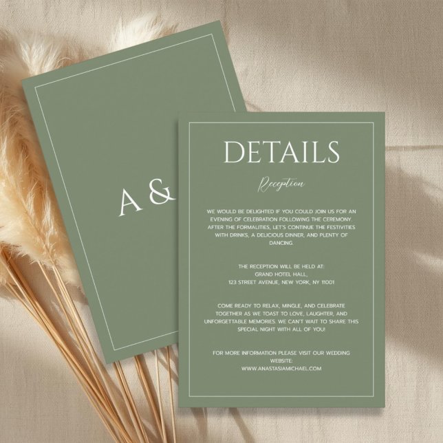 Cartão De Informações Modern sage green minimalist wedding details (Criador carregado)