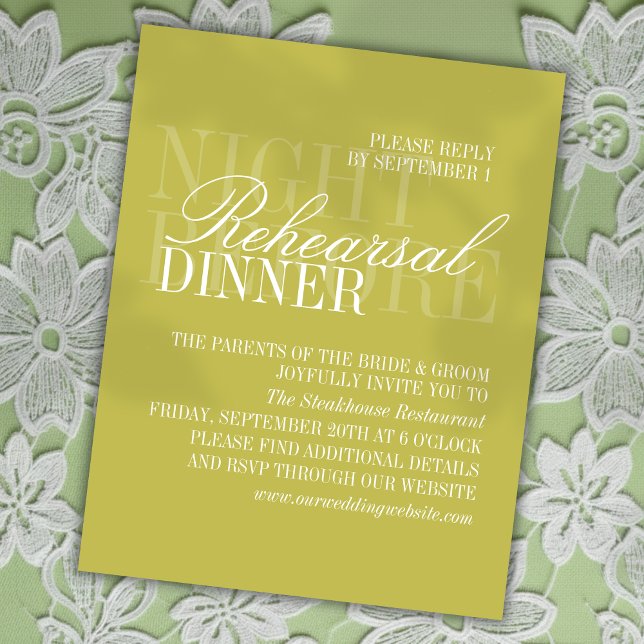 Cartão De Informações Modern Script Citrus Green Wedding Rehearsal (Invite guests to join your rehearsal dinner with this Modern Script Citrus Green Card!)
