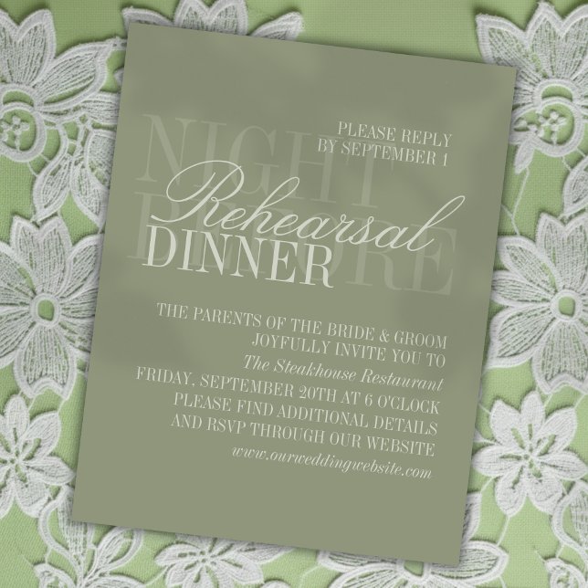 Cartão De Informações Modern Script Sage Green Wedding Rehearsal (Invite guest to plan join your rehearsal dinner with this Modern Script Sage Green Card!)