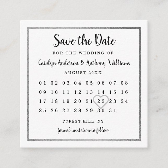 Cartão De Informações Modern Silver Foil Calendar Save The Date (Frente)
