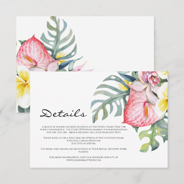 Cartão De Informações Modern Tropical Floral Hawaii Wedding (Frente/Verso)
