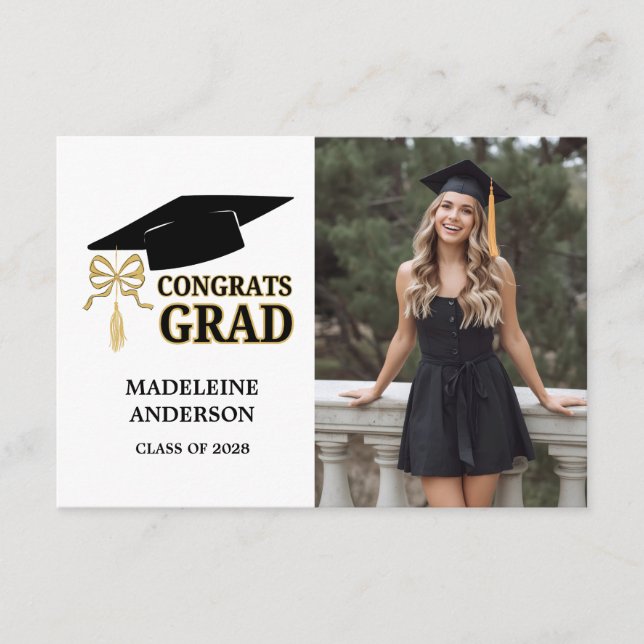 Cartão De Informações Modern Whimsical Gold Black Graduation Cap (Frente)