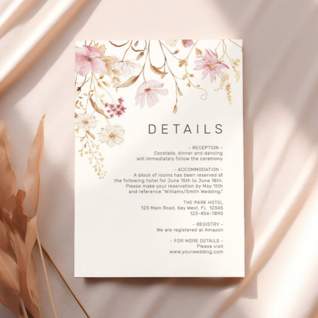 Cartão De Informações Modern Wildflower | Botanical Wedding Details (Criador carregado)