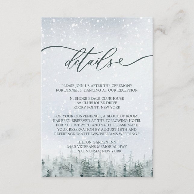 Cartão De Informações Modern Winter Forest Wedding Elegance (Frente)
