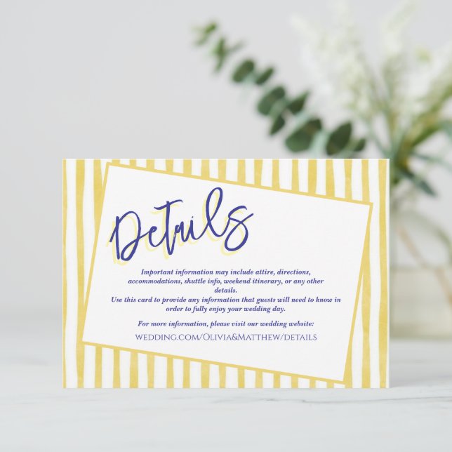 Cartão De Informações Modern Yellow Hand Written Pinstripe Italy Wedding (Em pé/Frente)