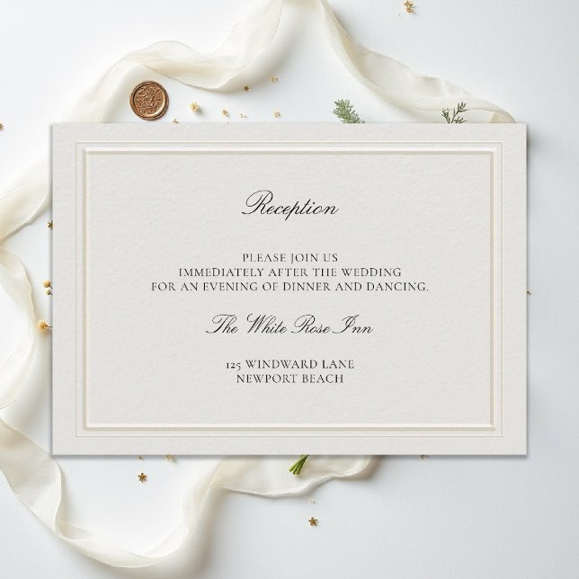 Cartão De Informações Moderno Clássico Elegante Recepção de Casamento em (modern classic wedding reception details ecru double frame elevated formal traditional calligraphy)