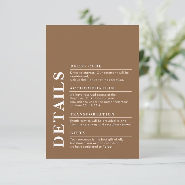 Cartão De Informações Moderno Elegante Detalhes do Casamento Escuro (Em pé/Frente)