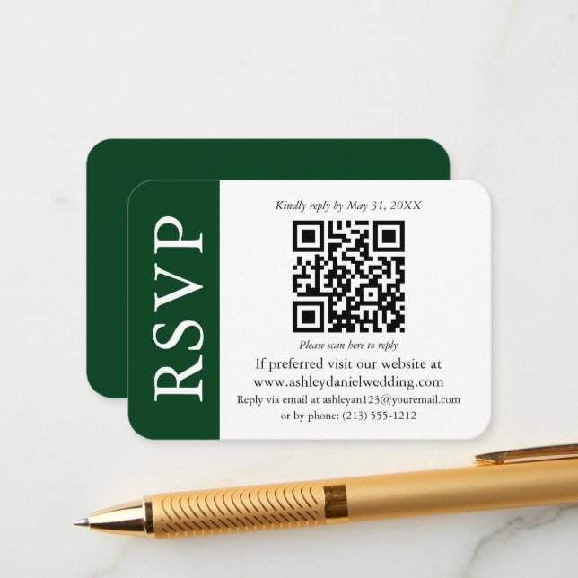 Cartão De Informações Moderno QR Wedding RSVP Verde e Branco (Frente/Verso In Situ)