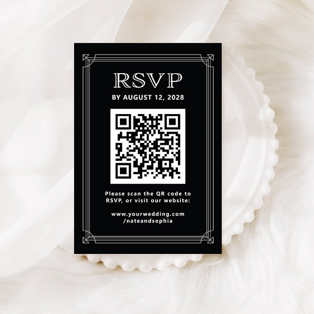 Cartão De Informações Moderno RSVP Deco com Código QR | Preto Onyx (Criador carregado)