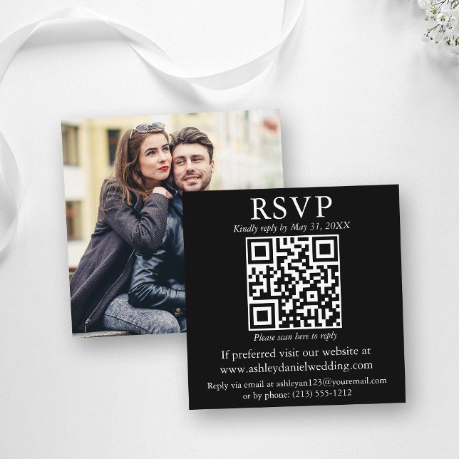 Cartão De Informações Moderno Simples QR Foto Casamento Preto RSVP (Customize to change text size or text style.)