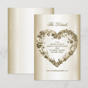 Cartão De Informações Moldura de Coração Dourado Floral de Casamento Ele