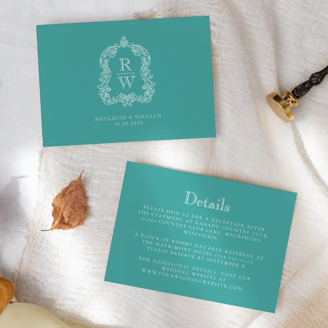 Cartão De Informações Monogram Crest Turquoise White Wedding Details (Criador carregado)