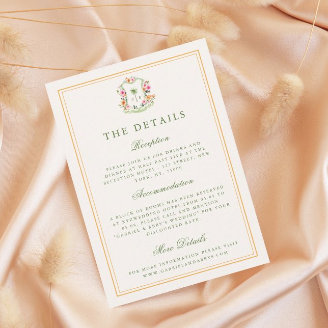 Cartão De Informações Monograma de Árvore Tropical Palm Detalhes Casamen (Criador carregado)