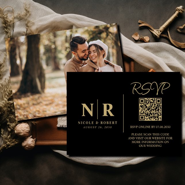 Cartão De Informações Monograma de Casamento Código QR de RSVP Foto Eleg (Criador carregado)
