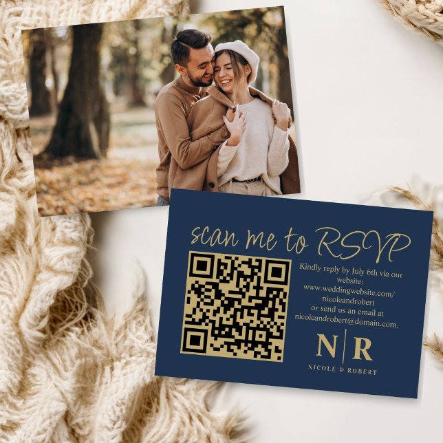 Cartão De Informações Monograma de Casamento Código QR RSVP com Elegante (Criador carregado)