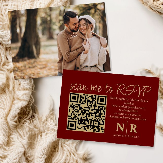 Cartão De Informações Monograma de Casamento Código QR RSVP com Elegante (Criador carregado)