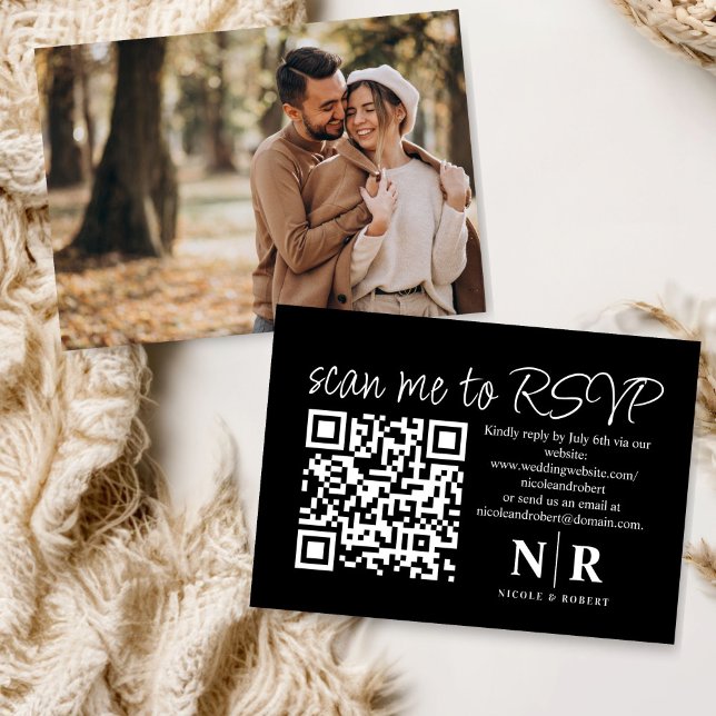 Cartão De Informações Monograma de Casamento Código QR RSVP com Elegante (Criador carregado)