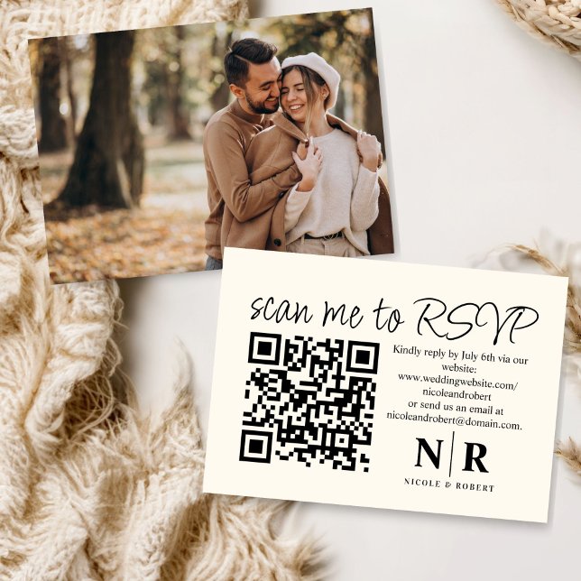 Cartão De Informações Monograma de Casamento Código QR RSVP com Elegante (Criador carregado)