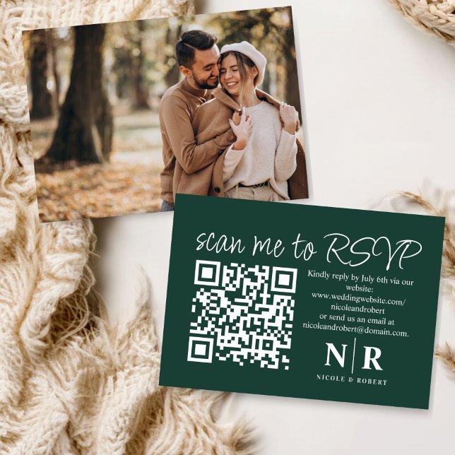 Cartão De Informações Monograma de Casamento Código QR RSVP com Elegante (Criador carregado)