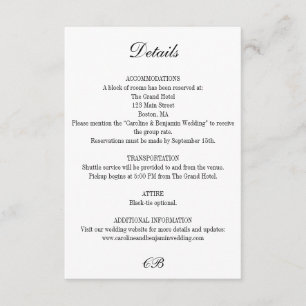 Cartão De Informações Monograma de casamento elegante em preto e branco