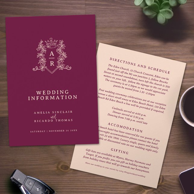 Cartão De Informações Monograma de vinho tinto pêssego Informações do co (Criador carregado)