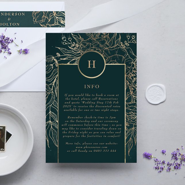 Cartão De Informações Monograma Dourado e verde Emerald (DETAILS showcasing suite - additional items (bought separately))