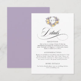 Cartão De Informações Monograma Floral de Lavanda e Limão com Detalhes d