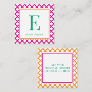 Cartão De Informações Monograma Preppy Harlequin Rosa Quente & Verde