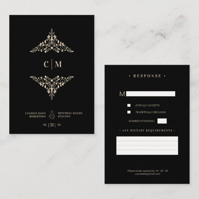 Cartão De Informações Monogrammed RSVP Gold Wedding Initials Flourish (Frente/Verso)