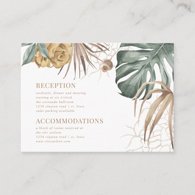 Cartão De Informações Monstera Palm Tropical Flowers Detalhes do Casamen (Frente)