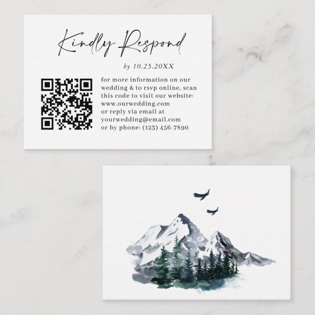 Cartão De Informações Montanhas Elegante de Aquarela Casamento QR RSVP (Frente/Verso)
