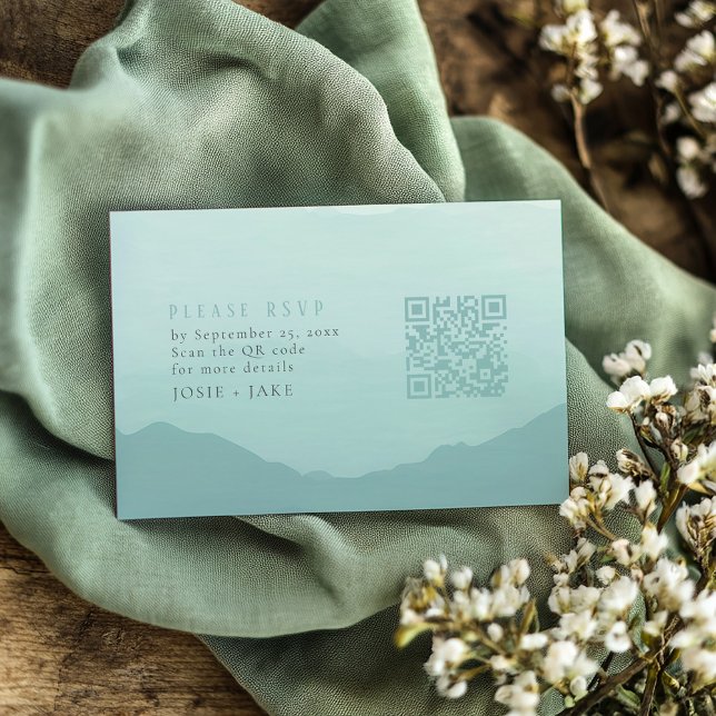 Cartão De Informações Montanhas suaves verdes confirmação de casamento c (A Simple and Elegant Way to Collect RSVPs Soft green painted mountains wedding rsvp with qr code)