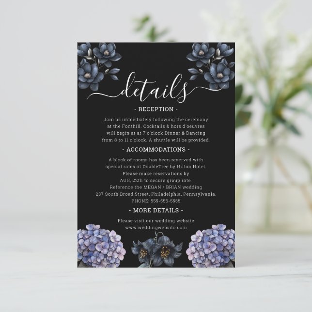 Cartão De Informações Moody Black Floral Classic Script Wedding Details (Em pé/Frente)