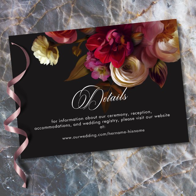 Cartão De Informações Moody Black Floral Painterly Red Burgundy Wedding (Moody Black Floral Painterly Red Burgundy Wedding Enclosure Card)