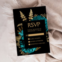 Moody Dark Floral Turquesa Dourada Casamento RSVP