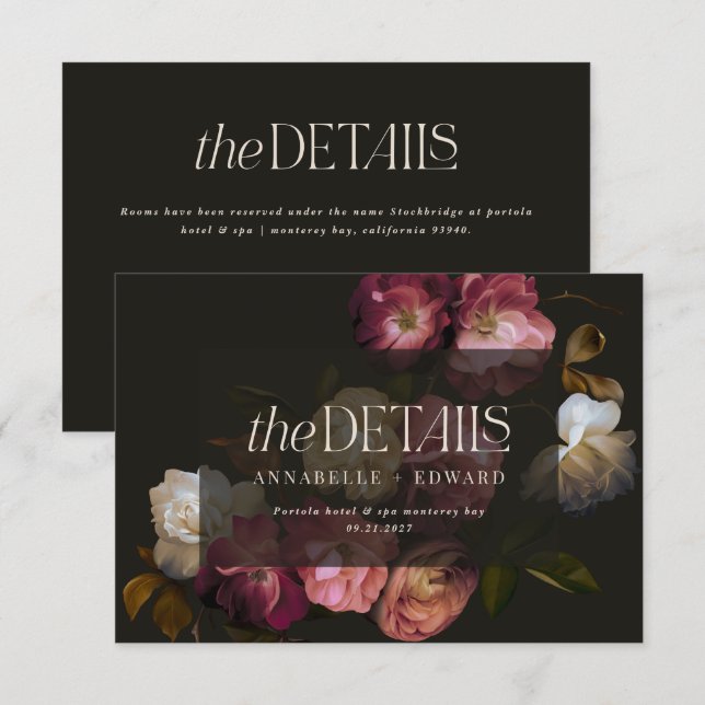 Cartão De Informações Moody Floral Wedding Details Burgundy & Black (Frente/Verso)