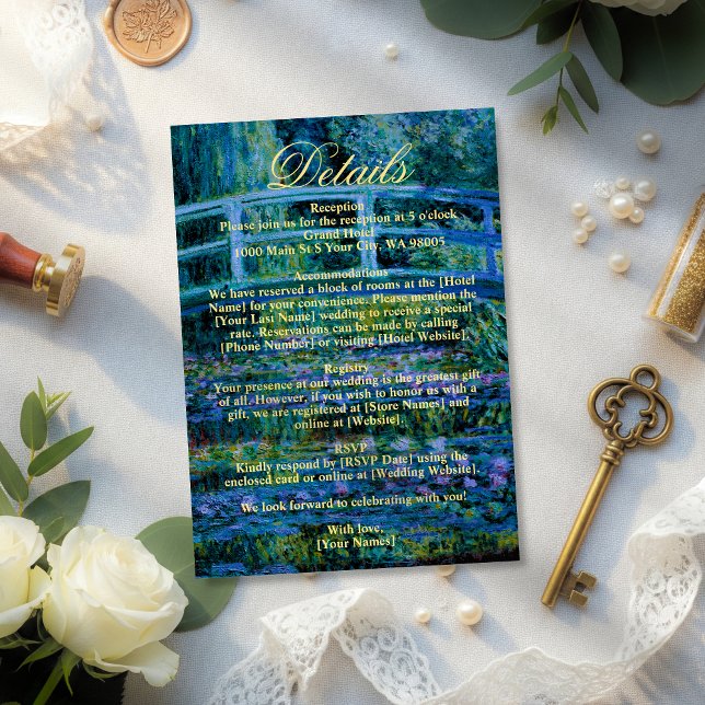 Cartão De Informações Moody Jewel Tone Monet Water Lilies Art Wedding (Criador carregado)