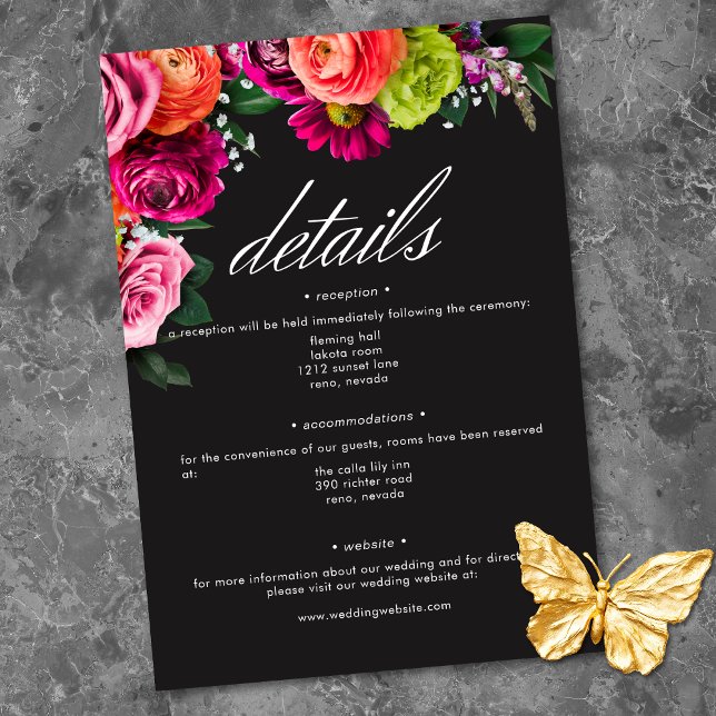 Cartão De Informações Moody Luxe Floral Vibrant Pink Black Wedding (Moody Luxe Floral Vibrant Pink Black Wedding Enclosure Card)