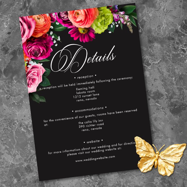 Cartão De Informações Moody Luxe Floral Vibrant Pink Black Wedding (Moody Luxe Floral Vibrant Pink Black Wedding Enclosure Card)