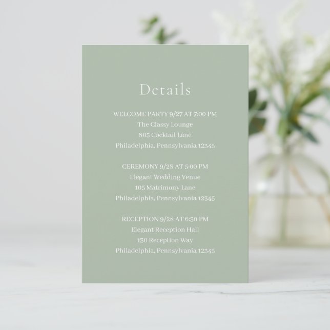 Cartão De Informações Na moda Sage Green Modern Wedding (Em pé/Frente)