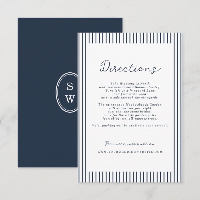 Cartão De Informações Nautical Navy Stripe Wedding Directions Card (Frente/Verso)