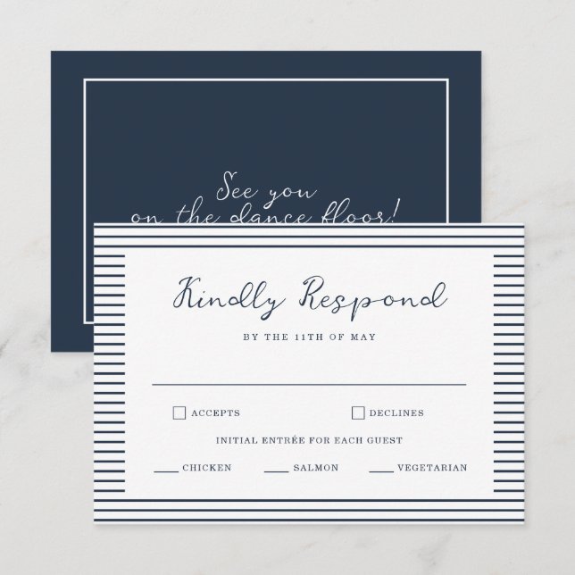 Cartão De Informações Nautical Navy Stripe Wedding RSVP Card (Frente/Verso)