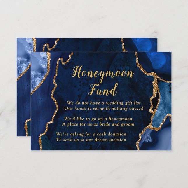 Cartão De Informações Navy Blue and Gold Agate Honeymoon Fund (Frente/Verso)