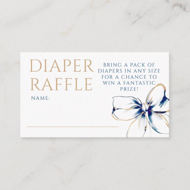 Cartão De Informações Navy Blue and Gold Bow Diaper Raffle Ticket (Frente)