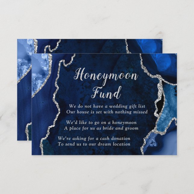 Cartão De Informações Navy Blue and Silver Agate Honeymoon Fund (Frente/Verso)