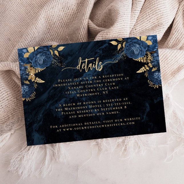 Cartão De Informações Navy Blue Floral Agate Gold Script Wedding Details (Criador carregado)