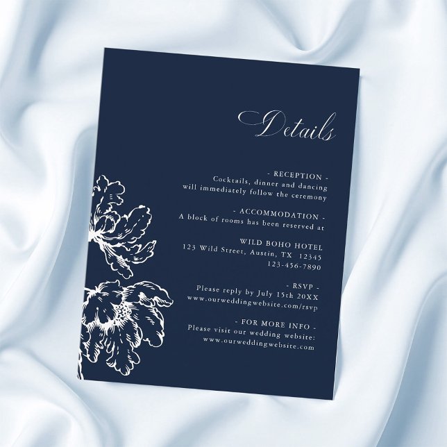 Cartão De Informações Navy Blue French Floral Wedding Details  (Criador carregado)